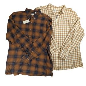 ROWM Mens 2 Pack Button Down Shirts XXL Plaid Gingham Brown Tan Long Sleeve 2XL